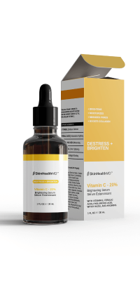 SkinHealthMD Vitamin C 20% Serum Dropper Bottle and Packaging on a Yellow ackground